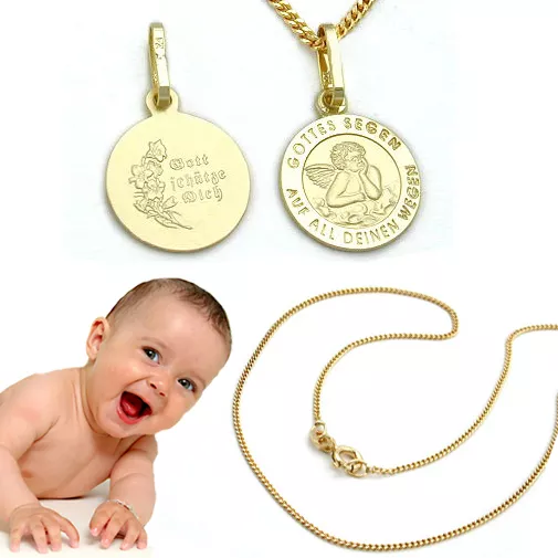 Baby Geburt Taufe Gott schütze Dich Schutzengel Echt Gold 333 8 Kt mit Kette 925