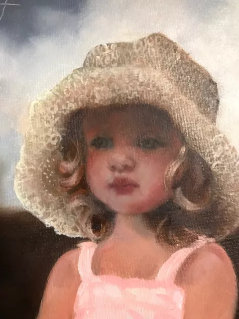 Barnes Oil Painting Portrait Antique Vintage Style Little Girl Pink Dress Bonnet