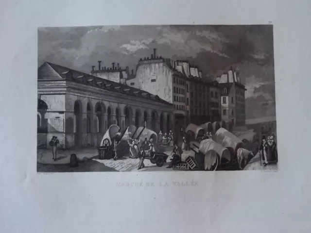 Gravure ANIMEE VUE PARIS MARCHE LA VALLEE QUAI DES GRANDS AUGUSTINS SEINE 1820