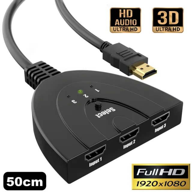 HDMI Switcher 3in1 Splitter Kabel Umschalter Verteiler Adapter Hub Full HD 1080P