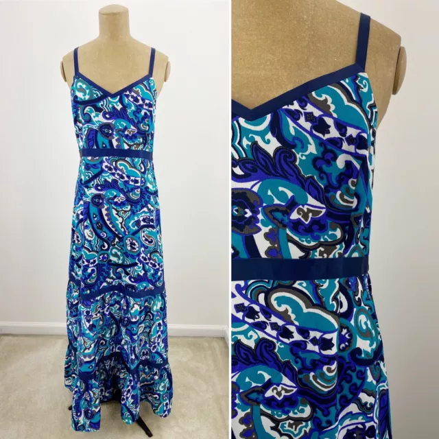 ModCloth Teal Navy Blue Purple Paisley Sleeveless Tiered Prairie Maxi Dress L