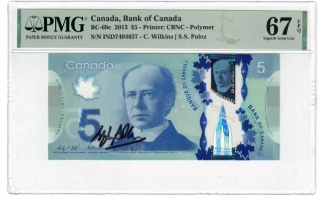 2013 Canada Bank BC-69c 5 Dollars SIGNED Autographed by POLOZ Banknote UNC PMG67
