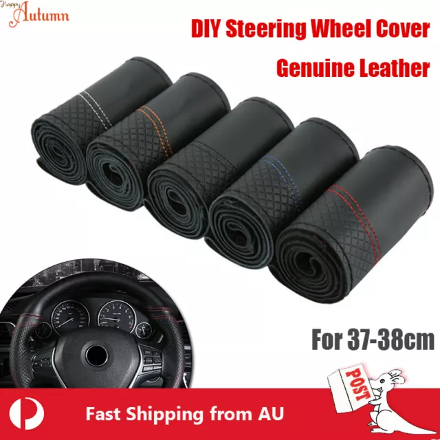 Premium Genuine Leather DIY Car Steering Wheel Cover Auto Protection Needle 38cm