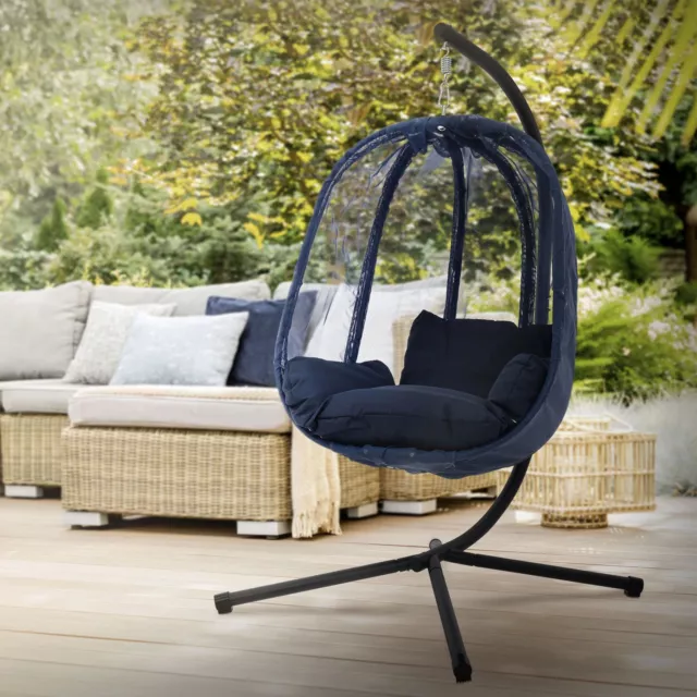 Chaise suspendue fauteuil œuf balancelle navy avec coussin et support 150 kg