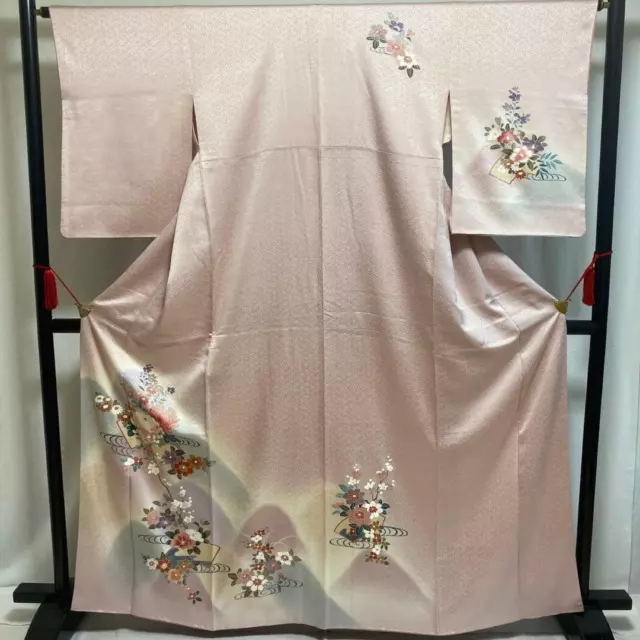 9303# Kimono giapponese vintage in pura seta con motivo floreale tradizionale