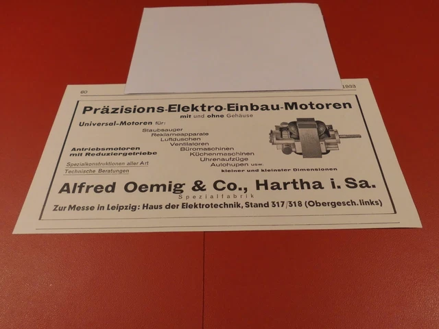 Alfred Oemig & Co. Hartha Sachsen,...Elektro-Einbau-Motoren :Werbeanzeige 1933