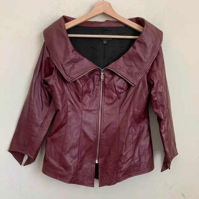 Mark Zunino Jacket Burgundy Faux Leather Portrait Collar Zip Front Sleeve Size 6