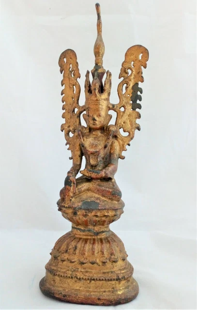 Antique Burmese Bronze Jambhupati Crowned Buddha Bhumisparsa Mudra Figure 18th C