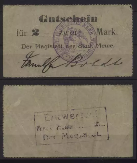 [17240] - NOTGELD MEWE (heute: Gniew), Stadt, 2 Mark, o. D. (1914). Dießner 233.