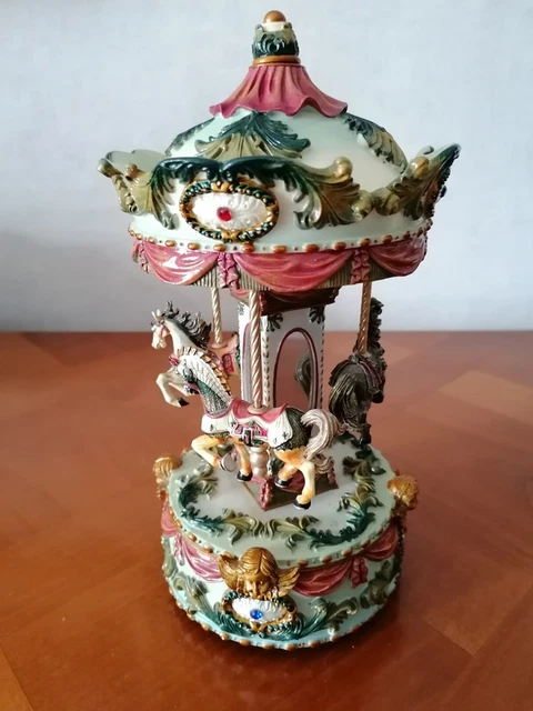 Boîte à musique mécanique - Vintage - Carrousel à 4 chevaux - Rouge - 22 cm - Cadeau enfant - Jeux - Jouets