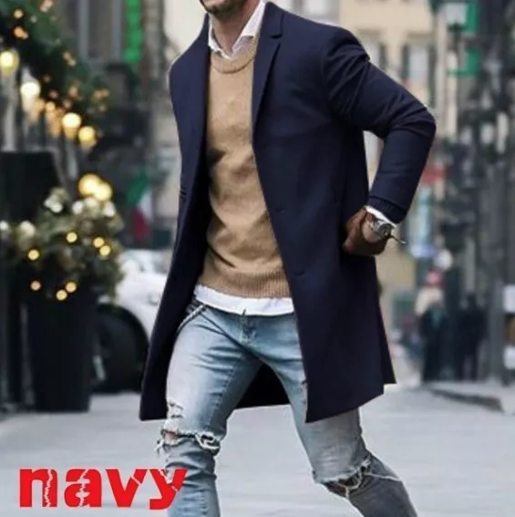 Men's Winter Warm Trench Coat Outwear Overcoat Casual Long Sleeve Button Jacket 5