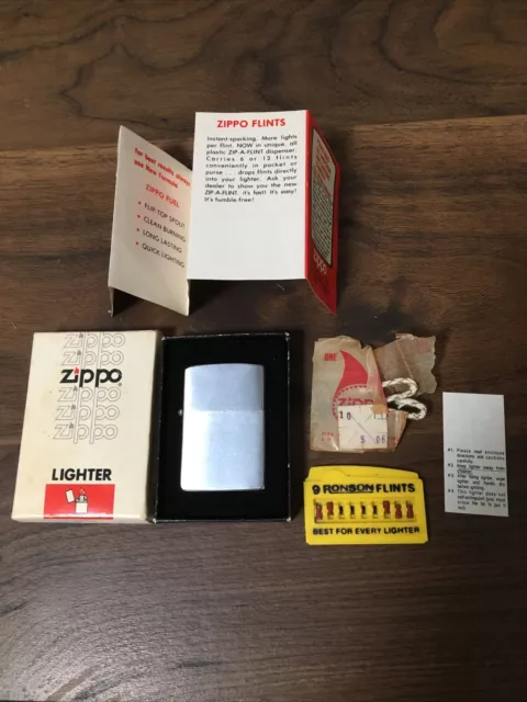 vintage zippo lighter #200 brush finish -box,directions, ronson flints, wicks