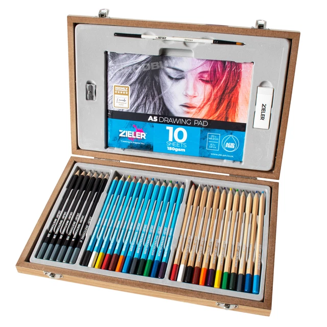 ZIELER WOODEN BOX Art Set 36pc Artists Sketching Colouring Pencils