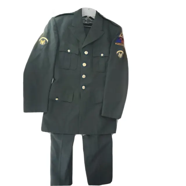 Vintage U.S. Army Dress Green Jacket Uniform Coat 37L & Pants 28x34 1960 Patches