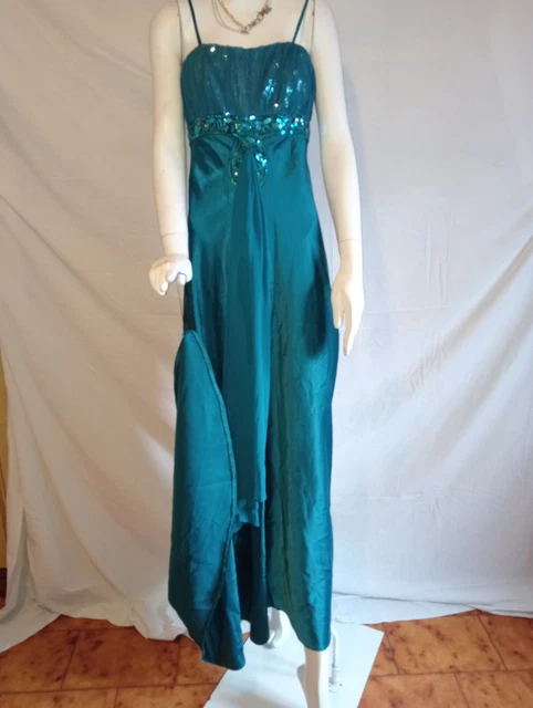 Abito lungo Cerimonia spalline regolabili donna Tg M verde petrolio con stola 