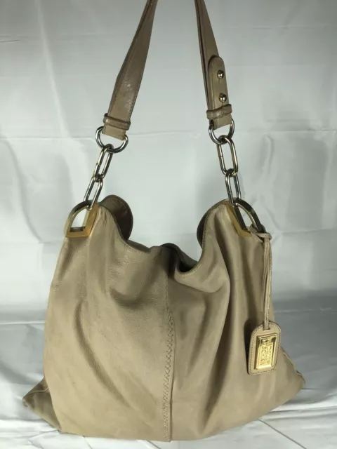 Badgley Mischka Gaia Beige Leather Tote Shoulder Bag Purse With Gold Hardware