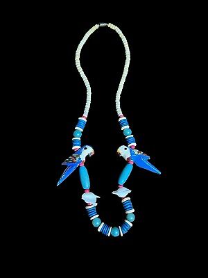 Vintage Statement Necklace Wooden Shell Blue Parrot Painted Beach Bird Tropical