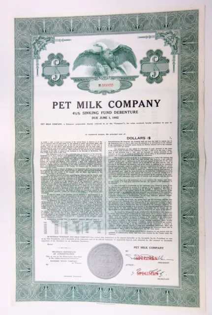 DE. Pet Milk Co., 1960s $Odd Registered 4 1/4% Specimen Debenture Bond, XF ABNC