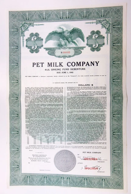 DE. Pet Milk Co., 1960s $Odd Registered 4 1/4% Specimen Debenture Bond, XF ABNC