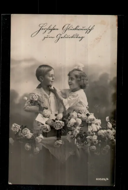 AK Geburtstag Glückwunsch, Foto Kinder Blumen, Kleinformat