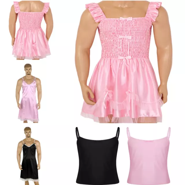 Mens Sissy Lingerie Satin Dress Cross Dresser Maid Costume Nightwear Sleepwear