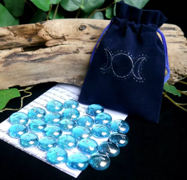 Witches Blue Moon Runes & Velvet Bag Wicca Pagan Witchcraft 25 Runes Divination