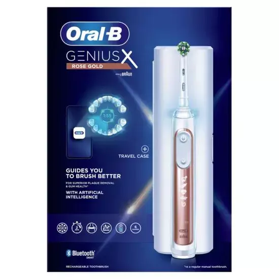 Oral-B Genius X elektrische Zahnbürste entworfen von Braun + Reisetasche - roségold