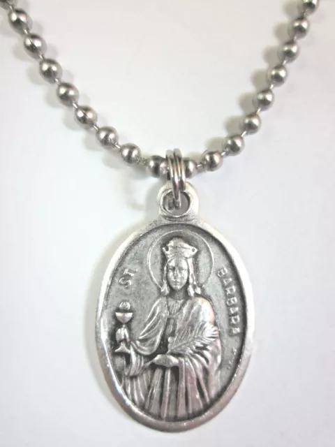 St Barbara Medal Italy Pendant Necklace 24" Ball Chain Gift Box & Prayer Card