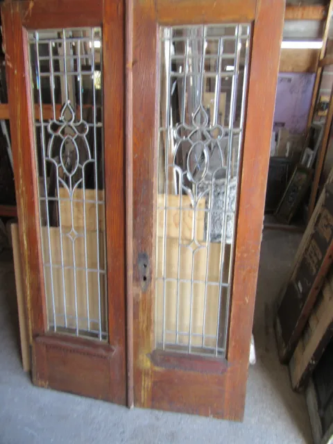 ~ Antique Oak Double Entrance French Doors Beveled Etched Glass In Zinc 48 X 78