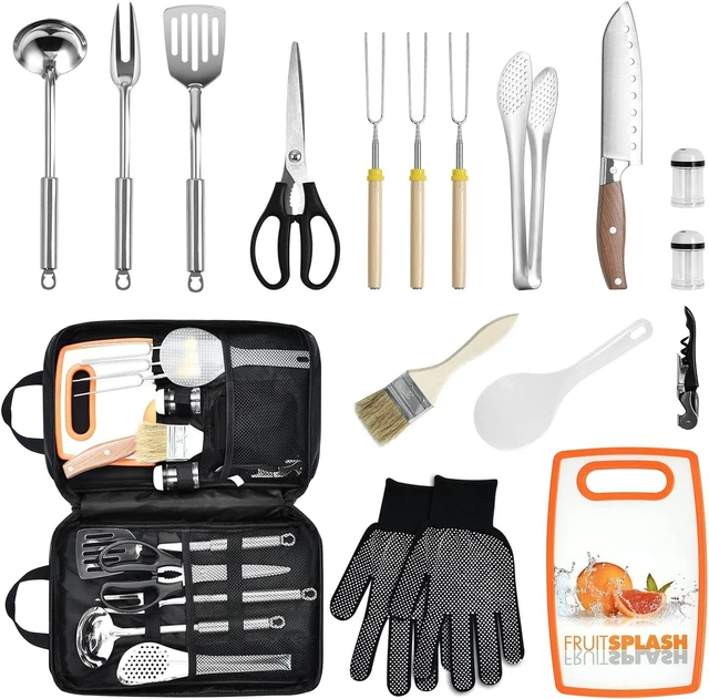 16-teiliges Campingbesteck Set Edelstahl Outdoor Camping Geschirr mit Tasche