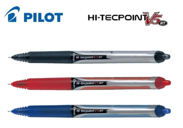 3x Pilot V5 RT Clicker Pens Blue Black Red Hi-Tecpoint Extra Fine 0.5 Rollerball
