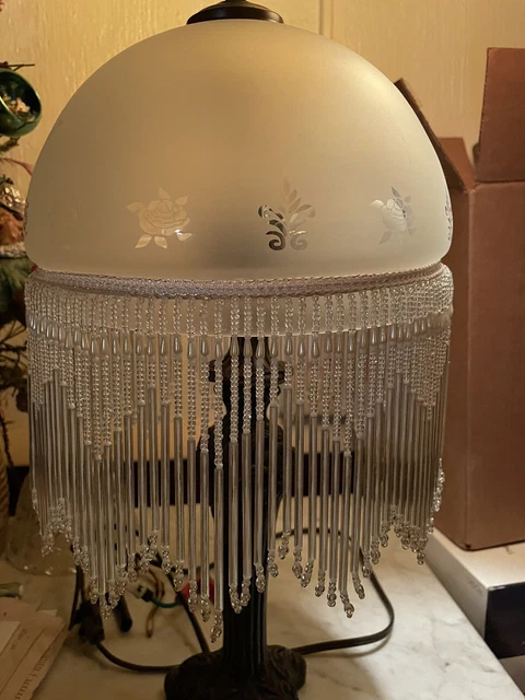 VTG Large Frosted White Glass Beaded Lamp Shade Only Decorative Victorian Style