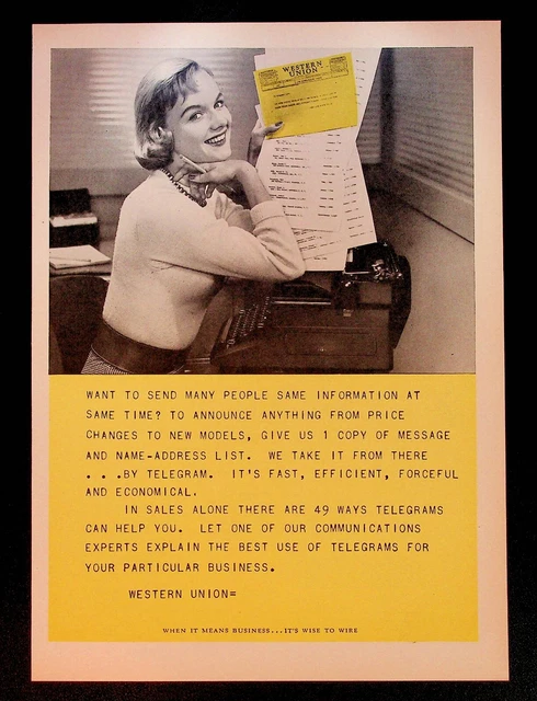 1956 blonde model secretary photo Western Union telegram vintage print ad