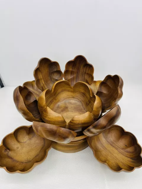 Monkey Pod Lotus Teak Spinning Wooden Salad Snack Bowl Set MCM Tiki 11 Pc. Set