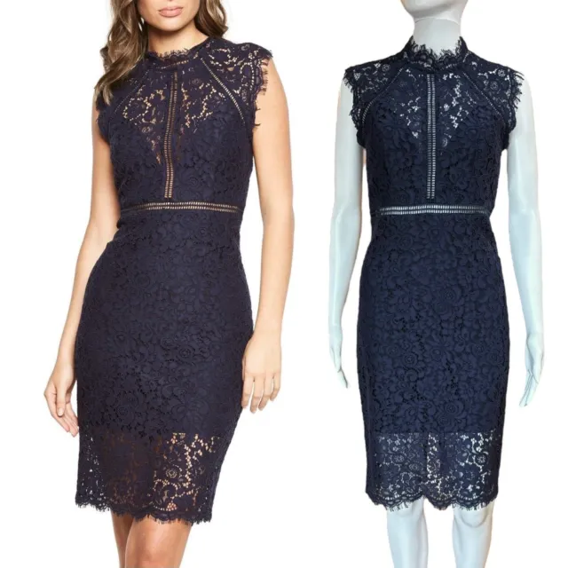 Bardot Navy Blue Lace Dress Women's Size US4/XS Sleeveless High Neck Knee Sheath