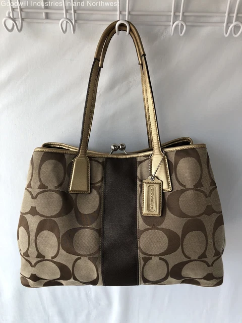Authentic Coach F13533 Gold Signature Canvas Stripe Kisslock Carryall Tote Purse