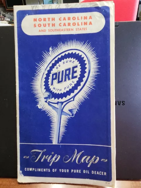 Vintage PURE Oil Co. Trip Map - North & South Carolina - Petroliana Advertising