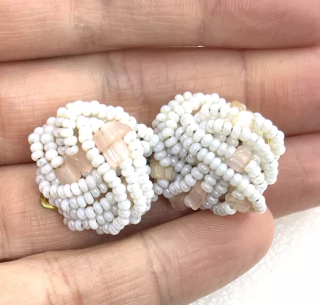 Vintage Gold Tone White & Pink Seed Bead  Made in Italy Clip Back Earrings