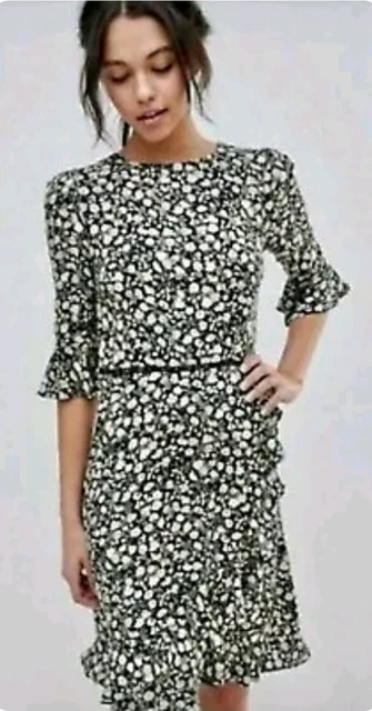 OASIS BLACK BLUE Pink White Ditsy Floral Tea Dress 8 10
