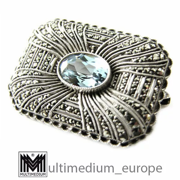 Art Deco Blautopas Brosche Silber Markasit blauer Topas silver brooch marcasite