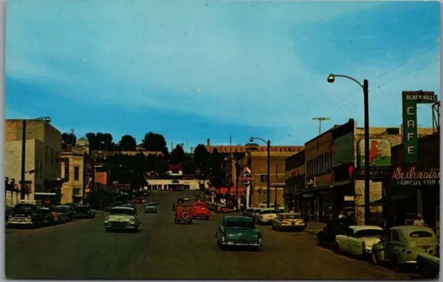Newcastle, Wyoming Postcard Main Street Downtown Scene - 1950s Cars - Unused