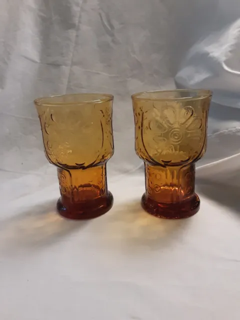 LIBBEY HONEY AMBER VINTAGE 2x DRINKING GLASS SET COUNTRY FLOWER GARDEN DAISY 5"