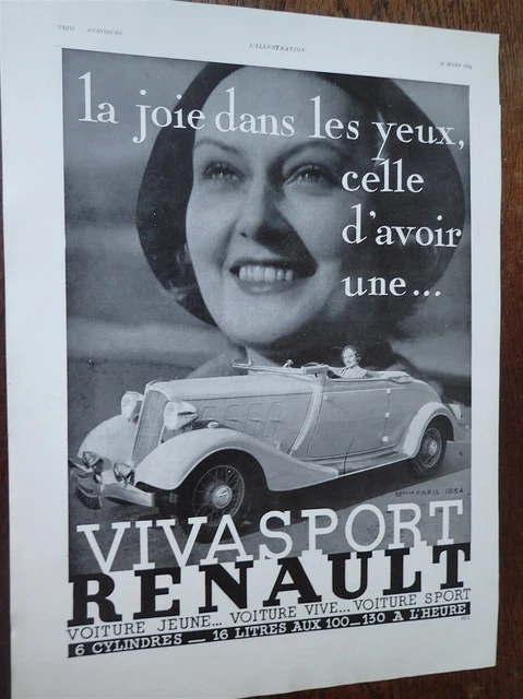 RENAULT VIVASPORT 144 + Eau de Cologne d'ORSAY pub papier ILLUSTRATION 1934
