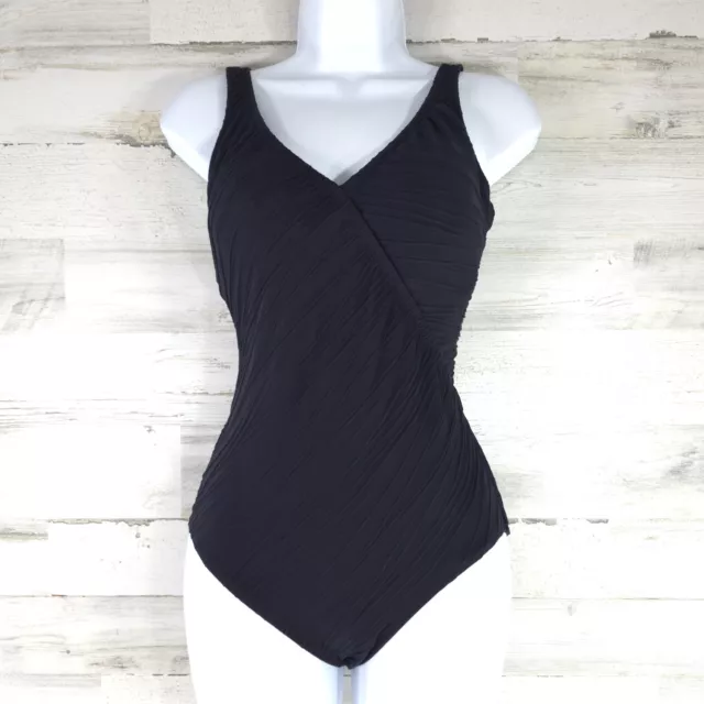 Gottex One Piece Surplice Swimsuit Women's Size 12 Solid Black Diagonal Ribbed