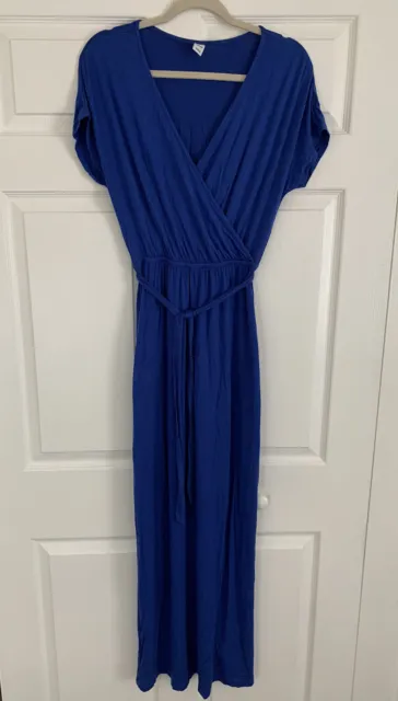 Old Navy Dress Women's Size XS Blue Maxi Short Sleeves Tie Belt Stretch V-Neck