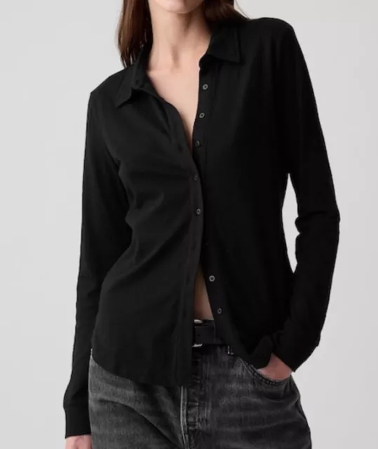 GAP Women XL Knit Stretch Top Black T-Shirt Button Down EUC Blouse Collar $49