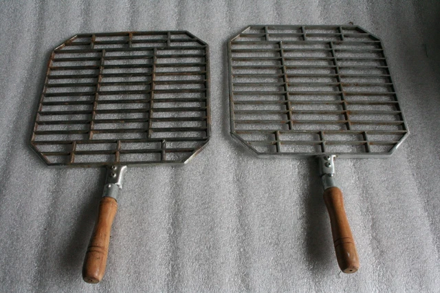 PAIR   Hibachi BBQ Barbeque Grill Grid  Cast Iron Wood Handle  Vtg