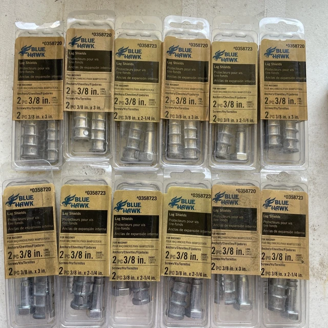 12 pkgs Blue Hawk Lag Shields 2 anchors 3/8" 2 screws 3/8" x 2-1/4" for Masonry