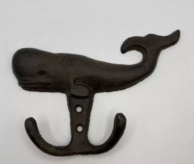 Cast Iron Wall Hooks Brown Fish Whale Coat Hat Towel Rustic Hanger Approx 6.25”