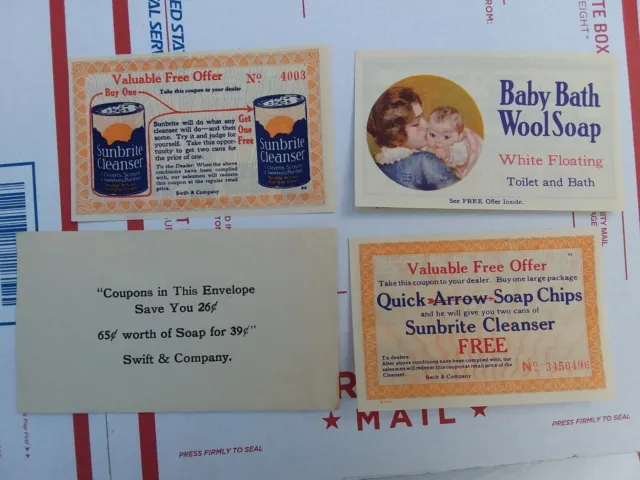 Lot 3 Vintage Swift & Co. Coupons + Envelope Eph Advertise Collect Soap Cleaner